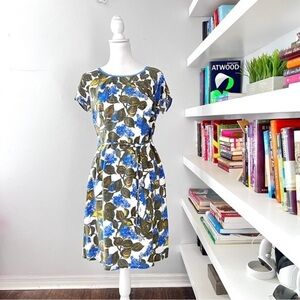 Boden floral blue & white midi with belt size 10